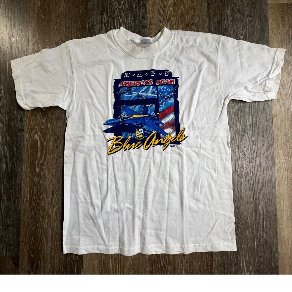 Gildan Blue Angels T-Shirt Youth Large White Navy America's Team Graphic Tee